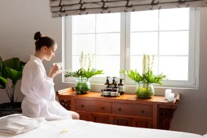 spa with afternoon tea in Ubud, guest relaxing with tea in serene setting