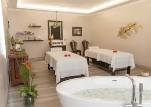 An elegant spa treatment room featuring two white-draped massage tables adorned with red hibiscus flowers, a freestanding oval soaking tub filled with frangipani flowers, shelves of oils, and gold leaf wall art.