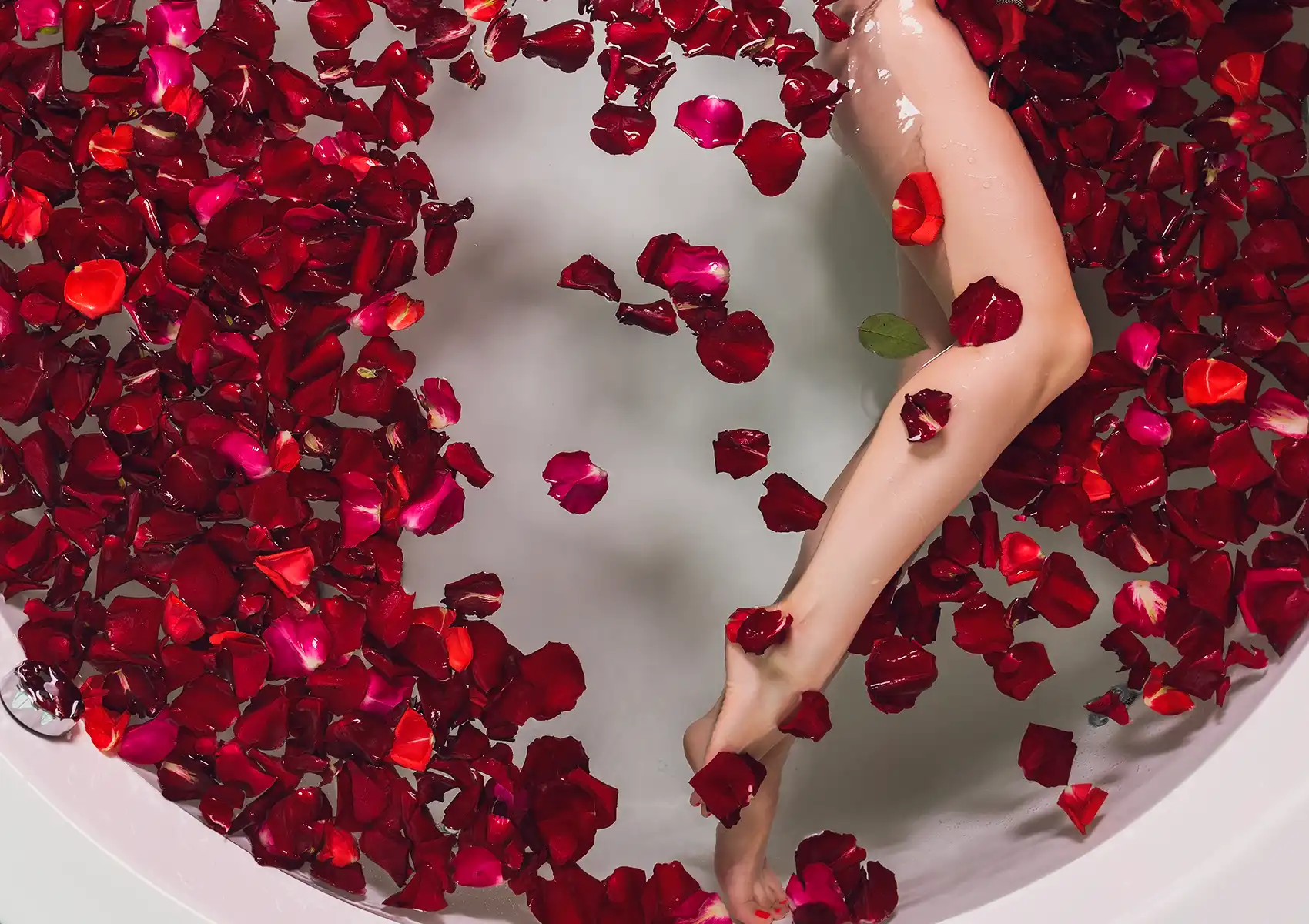 relaxation-bath-akoya-spa A close-up, overhead view of a person's legs resting in a white bathtub filled with water and scattered, floating red rose petals as part of a rejuvenating wellness treatment Ubud.