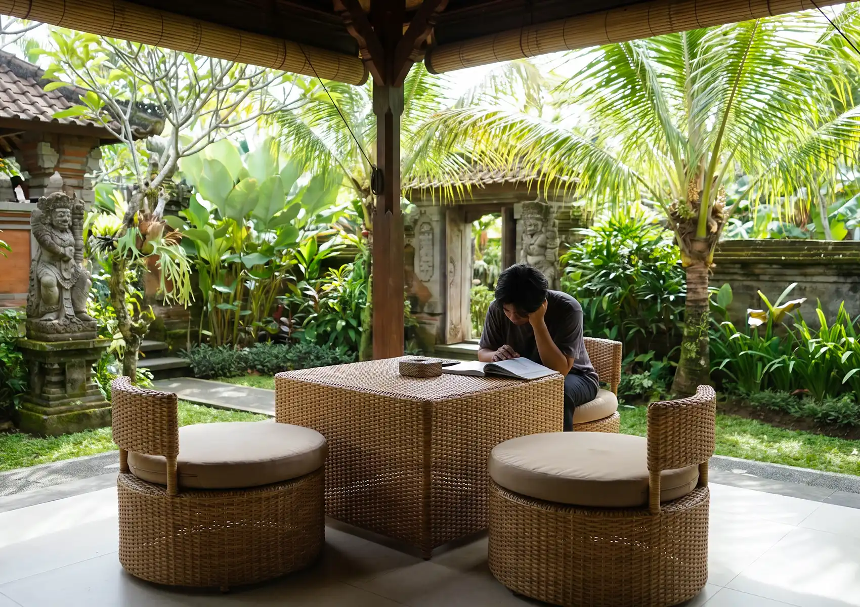 A person reading a book at a wicker table in a tranquil, lush Balinese garden, taking a quiet moment to unwind before enjoying a treatment at a spa in ubud.