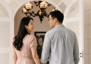 A smiling couple holding hands while walking through an elegant arched doorway into the lobby at the best spa in ubud.