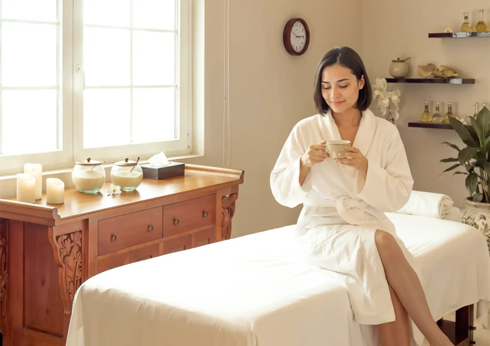 post-massage-care A relaxed woman wearing a white robe sits on the edge of a massage bed and enjoys a warm drink at the best spa in ubud.