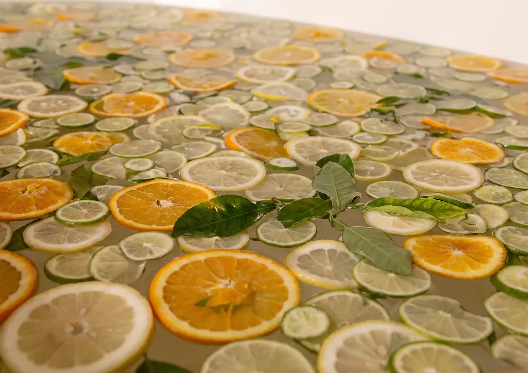 A close-up view of vibrant orange, lemon, and lime slices floating on the surface of bathwater for a rejuvenating treatment at the best spa in ubud