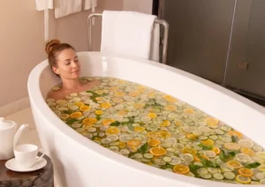 A woman relaxing peacefully with her eyes closed in a white soaking tub infused with fresh citrus slices at the best spa in ubud.